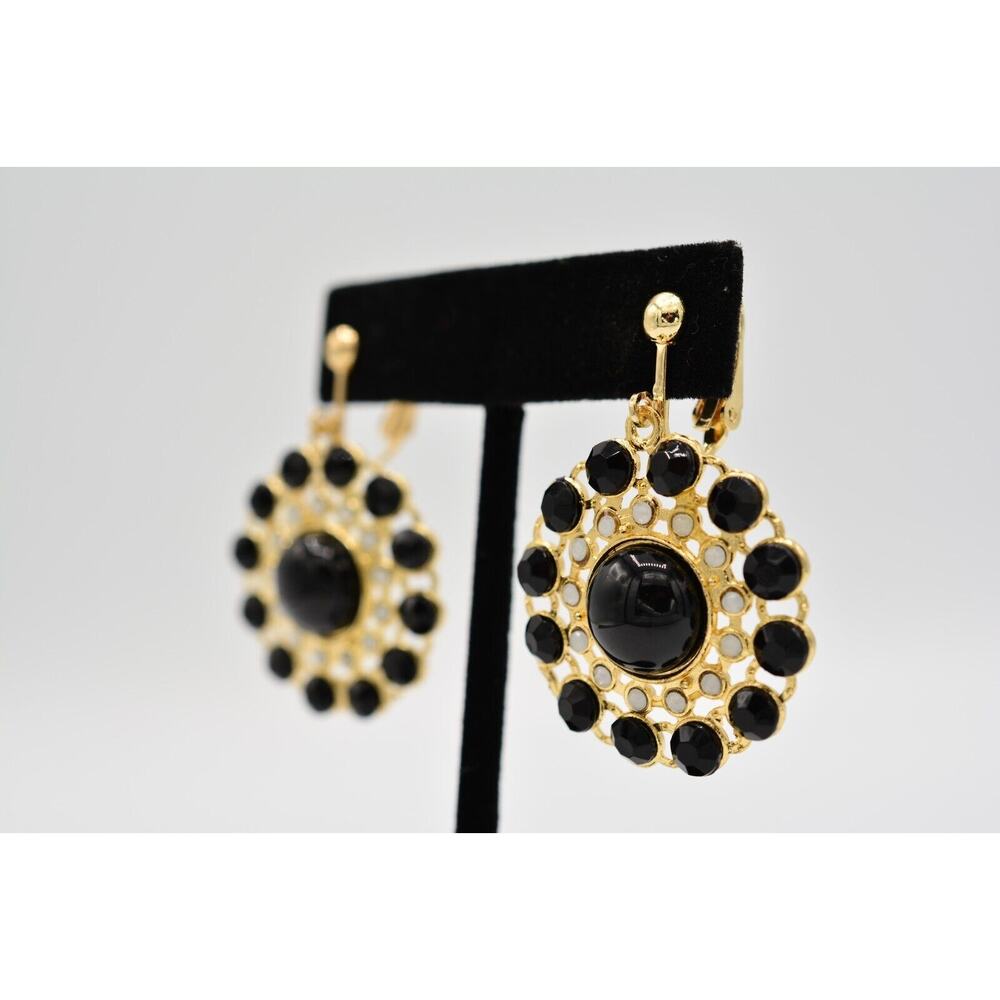 Vintage Clip Earrings Dangle Black Cabochon Gold Tone 1990s BinAI - Picture 2 of 12